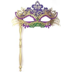 Mardi Gras Masquerade Mask Venetian Helding Stick Mask Halloween Carnival Costume Mask for Party Gold/Green/Purple