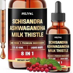 8in1 Liquid Drop of Schisandra Milk Thistle, Ashwagandha and 6 More - Liquid Schisandra Supplement - Mood Support, Organ Health - 2 Fl Oz for 60 Days