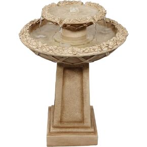Sunnydaze 28-Inch Beveled Flower Outdoor Water Fountain - 2-Tier Backyard Water Feature & Bird Bath for The Patio or Yard