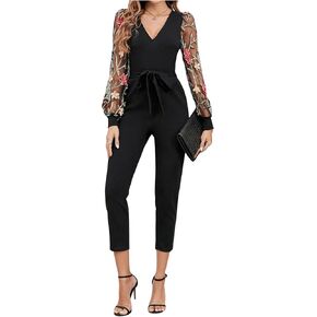 WDIRARA Women's Floral Embroidery Jumpsuit Mesh V Neck Bishop Sleeve High Waist Crop Belted Romper Pants