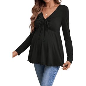 SweatyRocks Women's Maternity T Shirts Drawstring Ruched V Neck Long Sleeve Pregnancy Peplum Tops