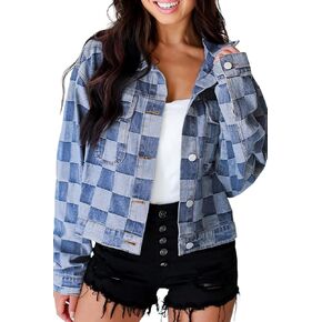 Ecosunny Womens Casual Long Sleeve Button Down Shirt Jacket Checkered Patchwork Denim Jacket Lightweight Coat Tops