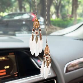Small Dream Catcher Car Hanging Ornament, Handmade Nature Feather Boho Rear View Mirror Pendant, Car Decor Accessories Gift for Women