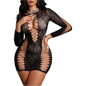 SHENHE Women's Fishnet Lingerie Dress Leopard Mesh Chemise Hollow Out Long Sleeve Babydoll Dress