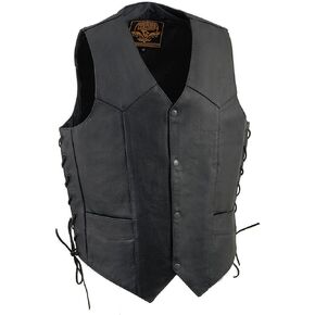 Milwaukee Leather SH1315 Men's Black Leather Classic V-Neck Side Lace Motorcycle Rider Vest w/Front Snap Closure