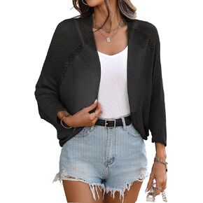 BB&KK Women's Crochet Summer Shrug 3/4 Batwing Sleeve Hollow Out Lightweight Knit Open Front Bolero Cardigans Sweater
