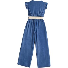 Floerns Girl's Jumpsuit Ruffle Sleeve V Neck Button Front One Piece Outfit with Belt