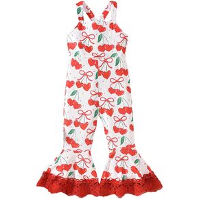 Emmababy Cherry Outfit Toddler Girl Bell Bottom Romper Fruit Print Jumpsuit Suspender Flare Pants Kids Wide Leg Overalls 1-6T