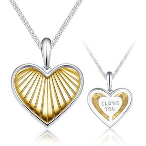 Sterling Silver Heart Pendant Necklace for Women, Double-Sided Gold Accent "I LOVE YOU" Charm, Romantic Jewelry Gift for Her