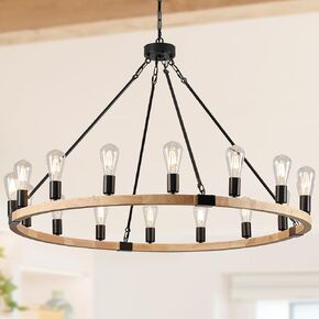 16-Light Wood Wagon Wheel Chandelier Farmhouse Natural, 43.3'' Black Metal Pendant Chandeliers Wooden Rustic Light Fixtures for High Ceiling Living Dining Room Foyer Entryway