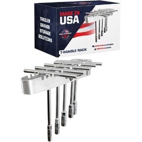 Pit Posse PP272 T Handle Rack Holder Tool Box Mount Aluminum Organizer - Made in USA - Enclosed Trailer, Garage, Automotive Shop - Holds 9 T-Handle Wrenches - Wall Mounted or Hangs on Toolbox (Silver)