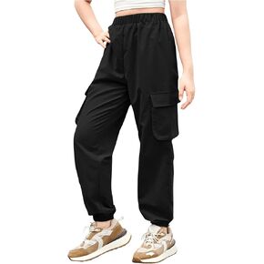 Milumia Girl's Casual Elastic High Waist Pockets Cargo Pants Joggers Long Trousers