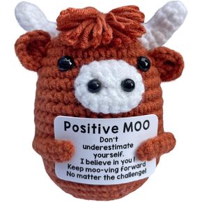 Positive Crochet Highland Cow, Knitted Emotional Support Crochet Animals Mini Cow Gift for Women Men Friends Coworkers