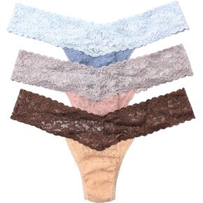 hanky panky - Signature Lace Low Rise Thongs for Women | One Size (2-12) | Comfortable Lacy Lingerie Panties | Chambray/Periwinkle, Desert Rose/Steel, Honey/Dutch Chocolate | 3 pack