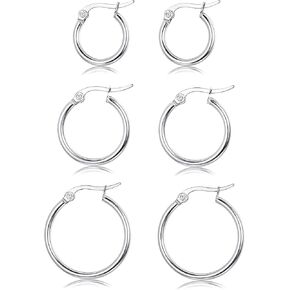 Sllaiss 3 Pairs Sterling Silver Round Hoop Earring for Women Lightweight Click-Top Hoop Earring Hypoallergenic 10-20MM