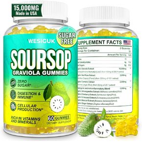 Soursop Graviola Gummies, Max Strength Soursop Leaves Extract with Sea Moss, Turmeric for Cell Support & Regeneration, Immunity, Liver and Antioxidant, Sugar/Gluten Free, Vegan - 60 Soursop Gummies