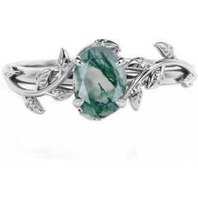 Aihpos Natural Moss Agate Ring Genuine 925 Sterling Silver Oval Cut Green Agate Engagement Rings For Women