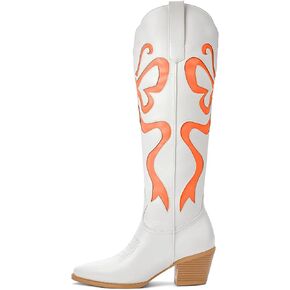 Cowgirl Boots - Womens Cowboy Boots with Colorful Bows Embroidered Western White Knee-High Boots Fashion Pull On Almond Toe Chunky Heel Country Tall Boots