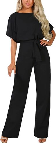 Women's Short Sleeve Jumpsuits Belted Wide Leg Long Pant Romper in Saudi Arabia
