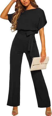 Women's Short Sleeve Jumpsuits Belted Wide Leg Long Pant Romper in Saudi Arabia