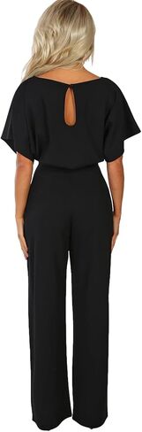 Women's Short Sleeve Jumpsuits Belted Wide Leg Long Pant Romper in Saudi Arabia