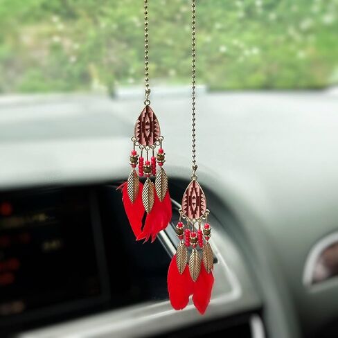 Small Dream Catcher Car Hanging Ornament, Handmade Nature Feather Boho Rear View Mirror Pendant, Car Decor Accessories Gift for Women in Kuwait
