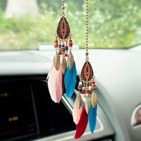Small Dream Catcher Car Hanging Ornament, Handmade Nature Feather Boho Rear View Mirror Pendant, Car Decor Accessories Gift for Women in Kuwait