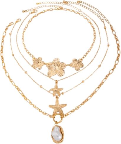 Layered Gold Necklace for Women,Shell Starfish Pearl Flower Clavicle Chain Statement Adjustable Stackable Necklace Fashionable Jewelry in Kuwait