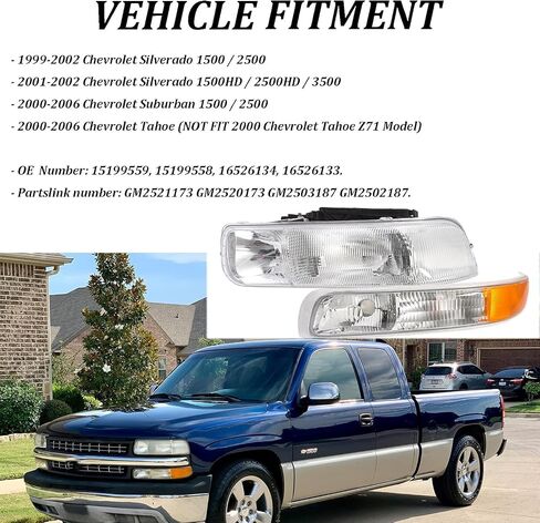 OE -style المصابيح الأمامية مجموعة متوافقة مع 1999 2000 2001 2002 Chevy Silverado 1500 2500 ، 2000-2006 Tahoe Suburban Biprampan مع مصابيح المصد in Kuwait