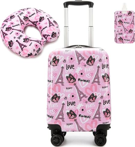 Kid's Luggage Set 16" Hardside Luggage with Spinner Wheels 2 Piece Suitcase Set Girls Carry on Toddler Travel Rolling Suitcase with Neck Pillow Airline Approved in Saudi Arabia
