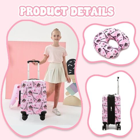 Kid's Luggage Set 16" Hardside Luggage with Spinner Wheels 2 Piece Suitcase Set Girls Carry on Toddler Travel Rolling Suitcase with Neck Pillow Airline Approved in Saudi Arabia
