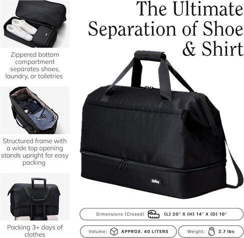 Double Decker Weekender Bag 40L Carry-On Duffel with Shoe Compartment, Water-Resistant, Foldable Travel Bag with Trolley Sleeve & Shoulder Strap – Jet in Kuwait