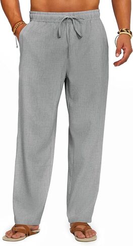 Runcati Mens Casual Linen Pants Elastic Waist Drawstring Summer Beach Pants Lightweight Loose Fit Yoga Trousers in Saudi Arabia