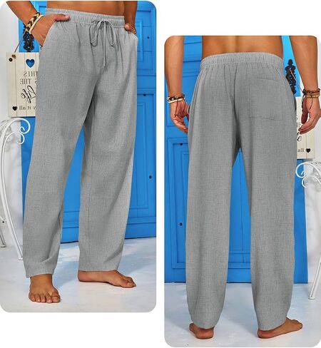 Runcati Mens Casual Linen Pants Elastic Waist Drawstring Summer Beach Pants Lightweight Loose Fit Yoga Trousers in Saudi Arabia