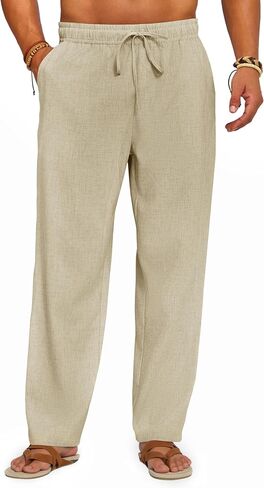 Runcati Mens Casual Linen Pants Elastic Waist Drawstring Summer Beach Pants Lightweight Loose Fit Yoga Trousers in Saudi Arabia