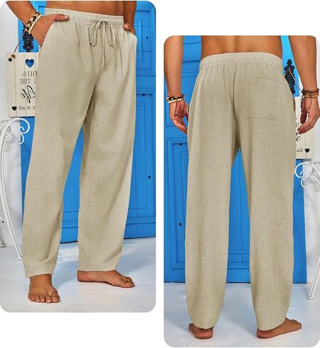 Runcati Mens Casual Linen Pants Elastic Waist Drawstring Summer Beach Pants Lightweight Loose Fit Yoga Trousers in Saudi Arabia
