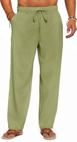 Runcati Mens Casual Linen Pants Elastic Waist Drawstring Summer Beach Pants Lightweight Loose Fit Yoga Trousers in Saudi Arabia