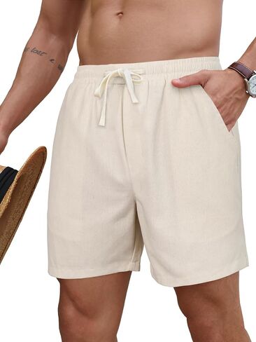 PLEPAN Mens 5 Inch Linen Shorts - Casual Elastic Waist Drawstring Summer Beach Shorts with Pocket in Saudi Arabia