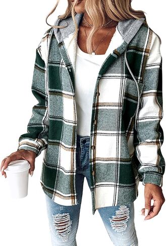 CHICME Womens Lightweight Casual Jacket Plaid Long Sleeve Shacket Fleece Lined Hooded Jackets Warm Coat in Saudi Arabia