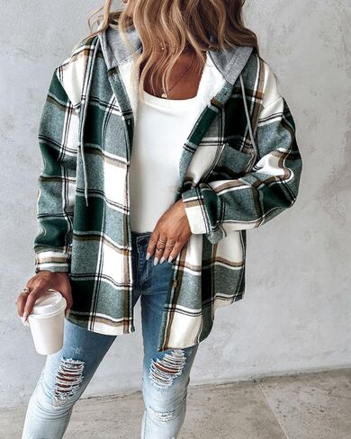 CHICME Womens Lightweight Casual Jacket Plaid Long Sleeve Shacket Fleece Lined Hooded Jackets Warm Coat in Saudi Arabia