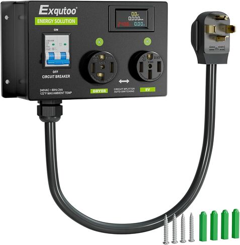 4 Prong (NEMA14-50R) Dryer Splitter with Breaker - 24 Amp 240V Dryer EV Splitter, NEMA 14-30 to 14-50 Auto Switch for Dryer & EV, Left-Side Power Supply Priority, 2 EVs Fast Charging in Saudi Arabia