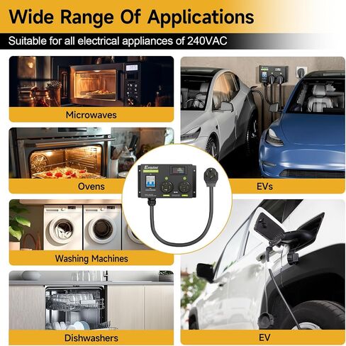 4 Prong (NEMA14-50R) Dryer Splitter with Breaker - 24 Amp 240V Dryer EV Splitter, NEMA 14-30 to 14-50 Auto Switch for Dryer & EV, Left-Side Power Supply Priority, 2 EVs Fast Charging in Saudi Arabia