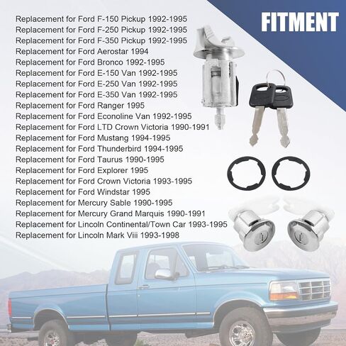 مفتاح الإشعال قفل 2 PCS أسطوانة الباب مع استبدال المفاتيح لفورد F150 F250 F350 Bronco Aerostar E150 E250 E350 Van Taurus Ranger استبدال Mercury Grand Marquis C-42-150+DP-42-122 in Kuwait