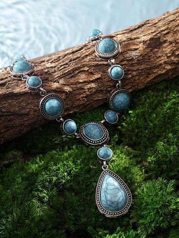 MINACHI Bohemian Created Turquoise Beaded Y-Necklace, Turquoise-toned Multi-shaped Pendant, Dainty Elegant Jewelry for Women in Saudi Arabia