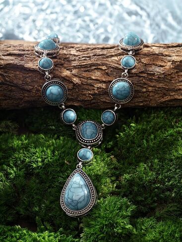 MINACHI Bohemian Created Turquoise Beaded Y-Necklace, Turquoise-toned Multi-shaped Pendant, Dainty Elegant Jewelry for Women in Saudi Arabia
