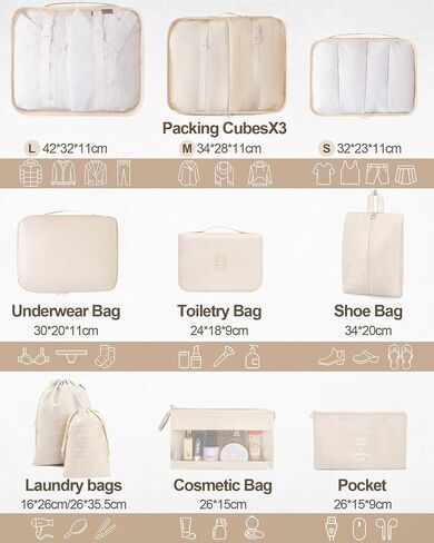 Anjing Packing Cubes 10/11 PCS منظمي أمتعة السفر ، أساسيات السفر ، منظمي التعبئة المقاوم للماء ، حقائب منظم الأمتعة in Kuwait