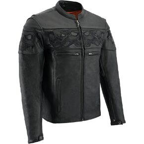 Milwaukee Leather MLM1500 Men's Crossover Black Leather Scooter Jacket with Reflective Skulls