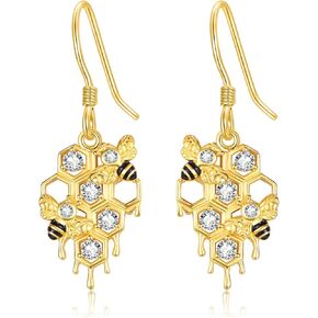Bee Honeycomb Dangle Earrings for Women 925 Sterling Silver Gold Plated Bumble Bees Drop Hook Jewelry Gifts