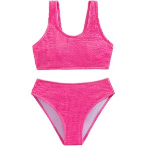 MakeMeChic Girl's 2 Piece Bikini Sets Textured High Waist Backless Plain Summer Bathing Suit
