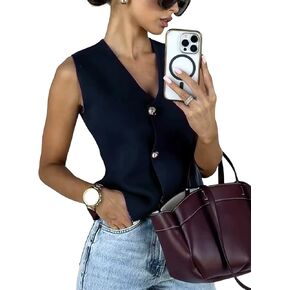 Wyeysyt Womens Vest Top Cropped Sleeveless Knit Vest Gold Button Down V Neck Vest Casual Plain Summer Waistcoat Cardigan in Kuwait